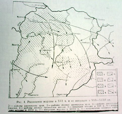 Map of Mordva settlement and the retreat of Mordovian "dissenters" to the East. Their religion is more monotheistic than the version of Orthodoxy introduced by the Moscow princes