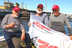 Skipper Mikhail Khramov , first mate Vyacheslav Kostin and sailor Vladimir Zanoga aboard the Yacht Nefertiti"