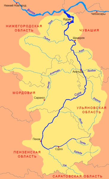 The Urga and the Pyana on a map of the The Sura River basin