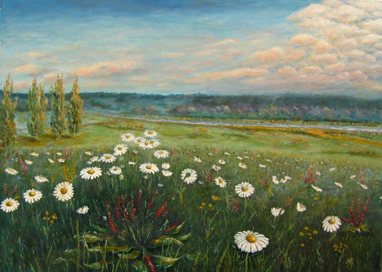 The upper reaches of the Volga . "Volzhskiye dali" ("Volga Vistas"). Painting by A. Gusev