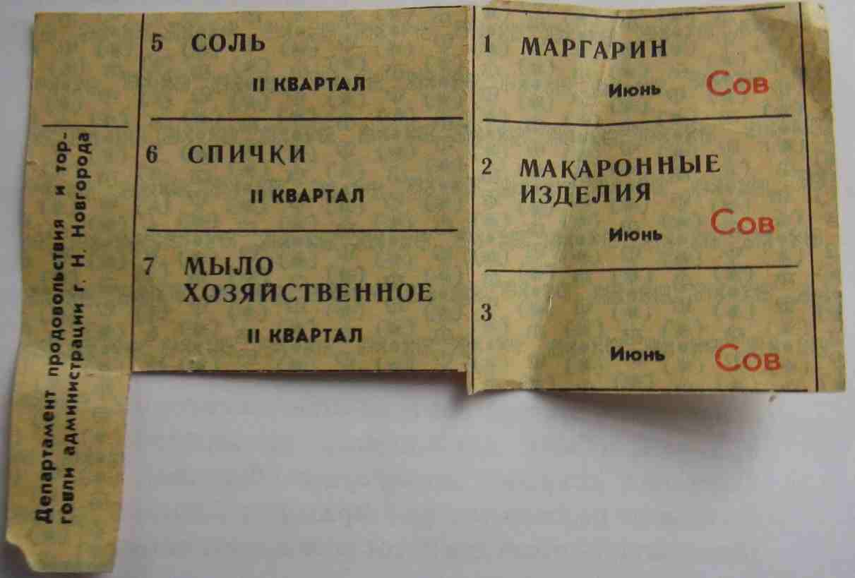 Food ration cards after the renaming of City of Gorky to Nizhny Novgorod , 1991