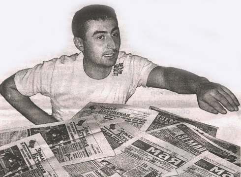 Roman Ambartsumyan publishes the newspaper "Zemlyaki" in Kstovo . A propaganda photomontage