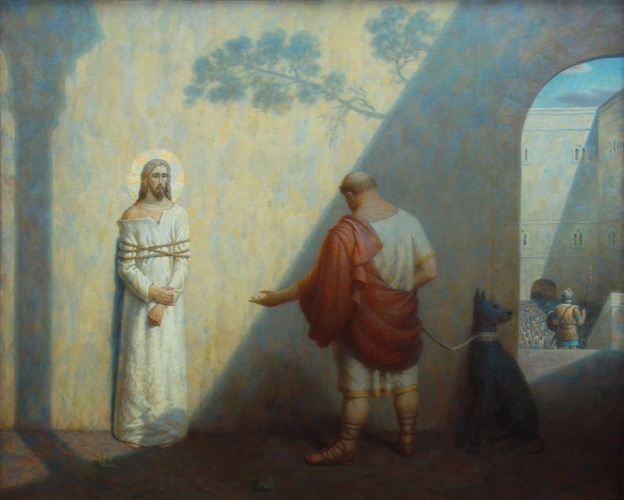Christ and Pilate. "The universal candle burns...// Piercing the earthly with Truth,// Christ will illuminate us with Light;// Pilate will poison with eternal darkness,// He keeps 