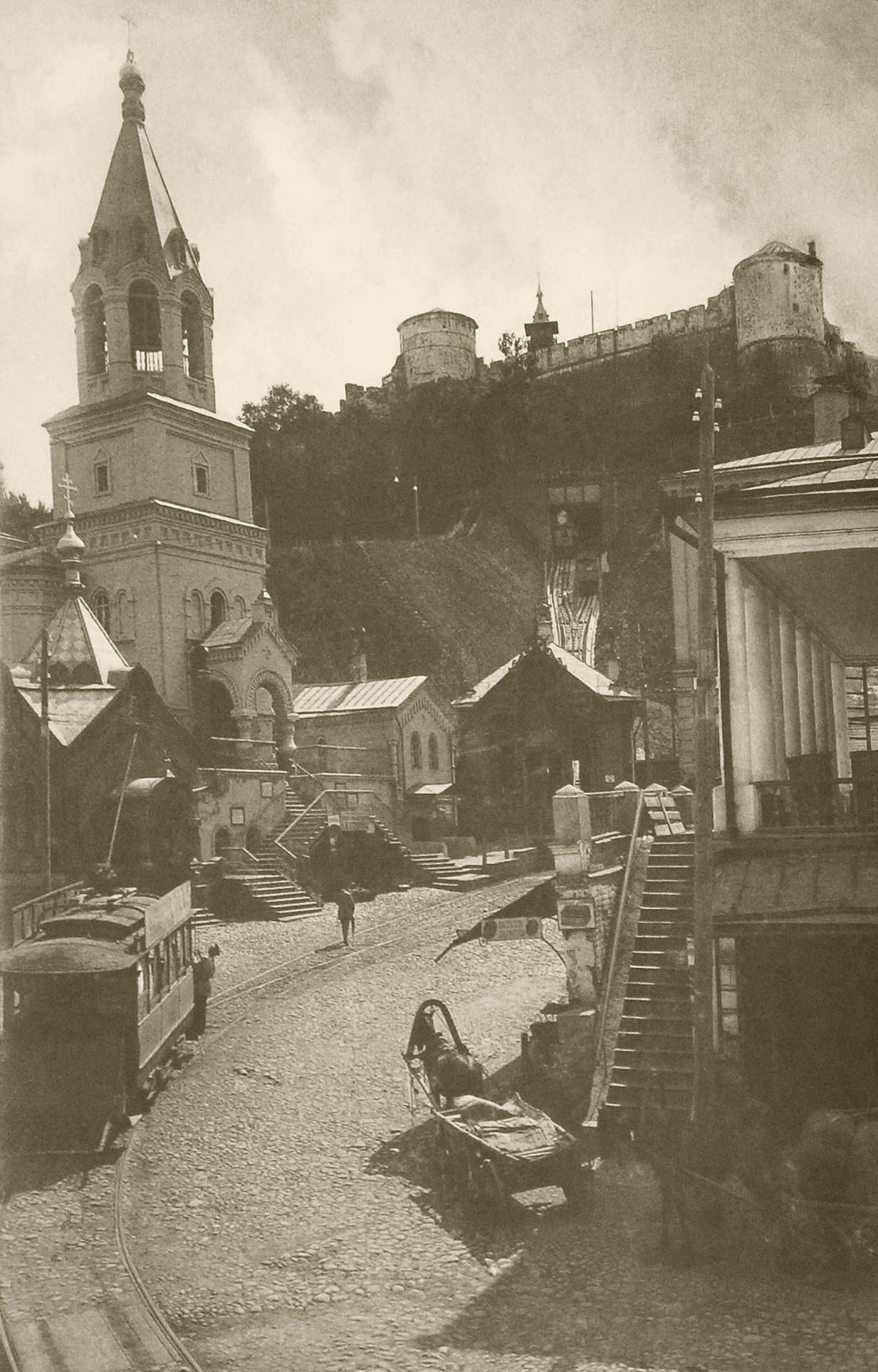 View of the Kremlin from Nizhny Posad. The opening in the hillside is the entrance to the Kremlin funicular