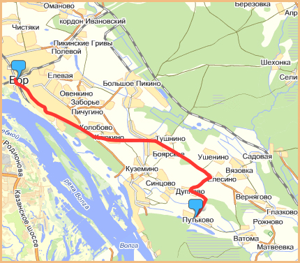 Directions to the village of Putkovo from the center of Bor