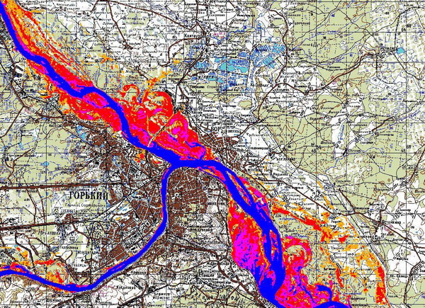 Map of the flooding zone of Nizhny Novgorod
