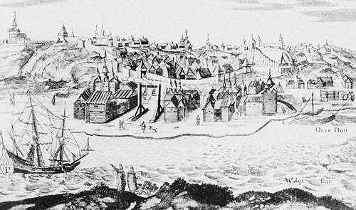 View of the Kremlin Nizhny Novgorod from the side of Volga River in the 17th century (illustration by A. Olearius). Illustration of "The Kremlin (Nizhny Novgorod)" in the Great Sov