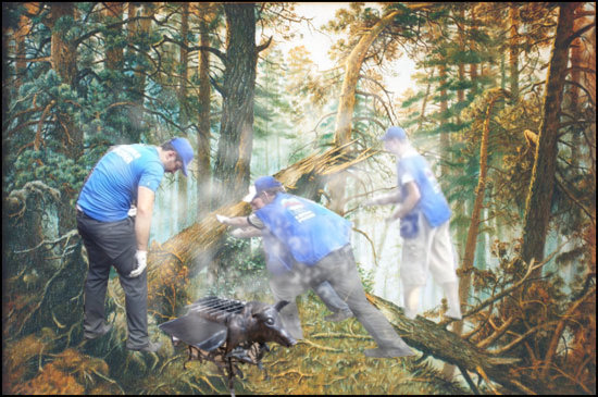 Morning in the Voronezh pine forest. MGER activists "fighting the fire" . Propaganda photomontage