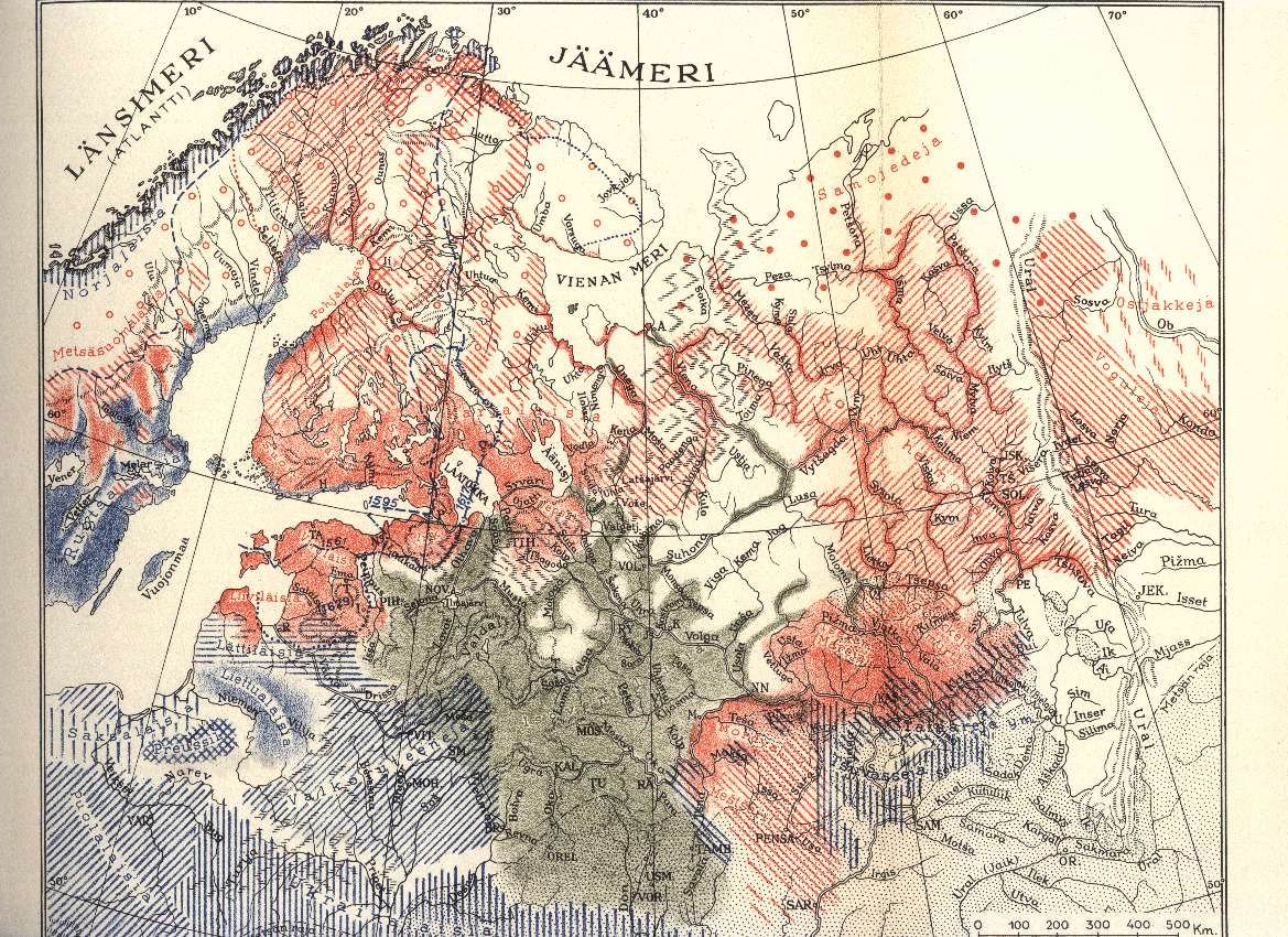 A map of Finno-Ugric settlement as of the 15th century AD