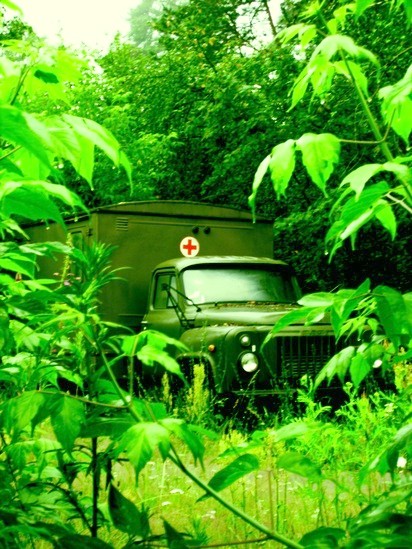 A medical vehicle on a GAZ-51 truck chassis, amid the traditional Nizhny Novgorod thicket of trees. Staraya Pustyn , Arzamassky District