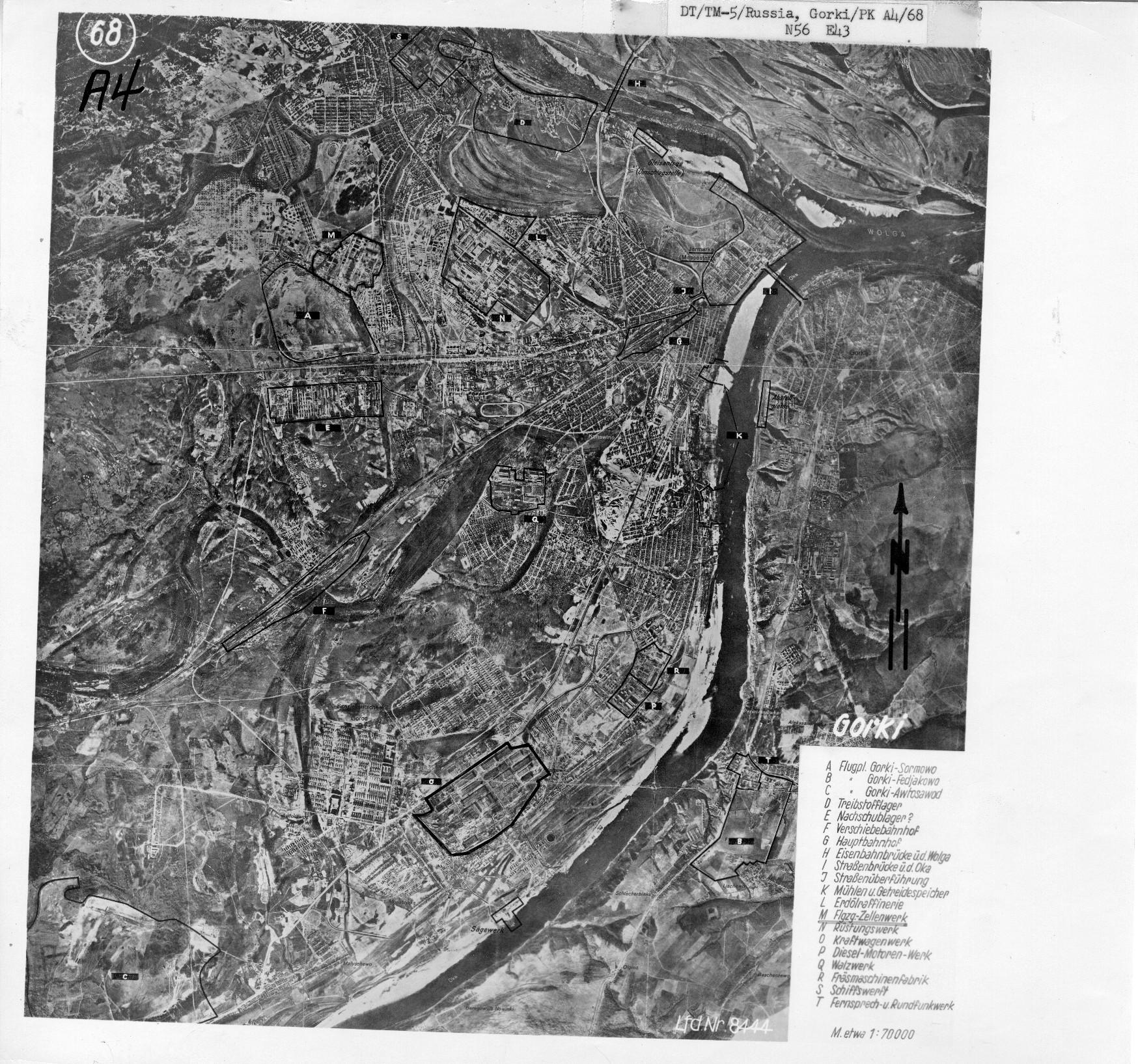 A German map of the city of The City of Gorky ( Nizhny Novgorod ) marking targets for bombing, 1942
