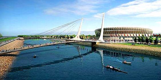 View of the new Rowing Canal and the bridge across it leading to the stadium