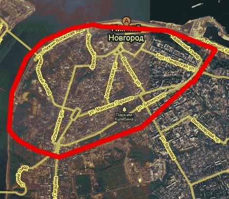The outline of the Historic Center at space image Nizhnego Novgoroda