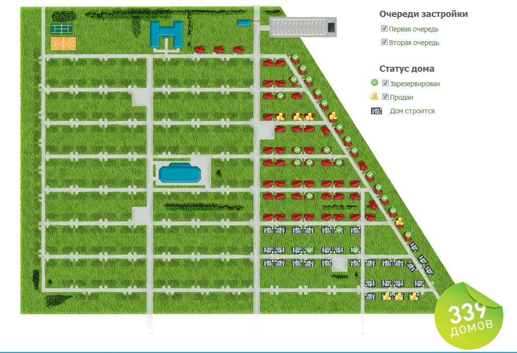 The estate's interactive map in real time shows the progress of construction, reservation, and sale of houses in Kamenki