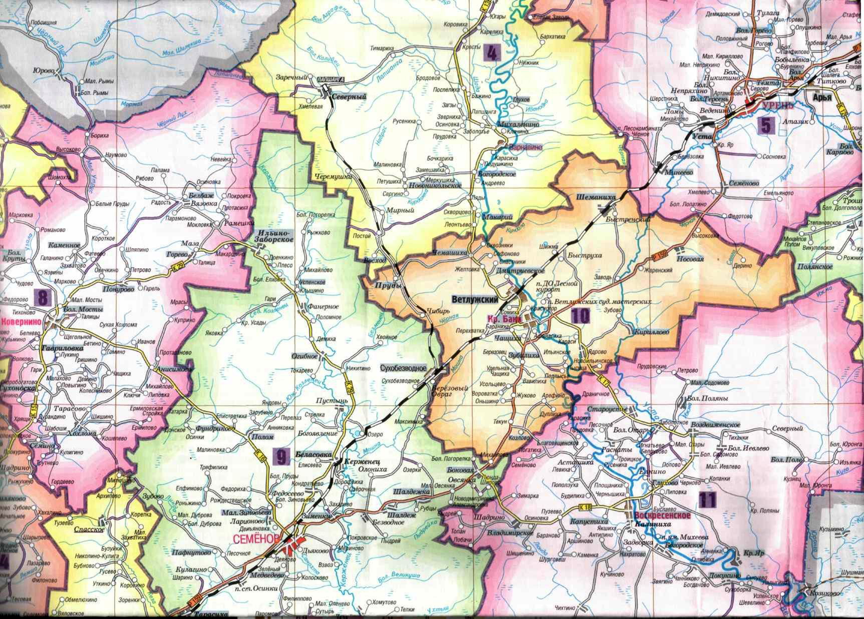 Road map of Voskresensky District District and the neighbouring districts of Nizhny Novgorod Region