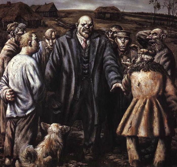 "V. I. Lenin on Polevaya Street ", Bogorodsk . The leader of the revolution is depicted as a tsar of chthonic force, for easier understanding by the peasants