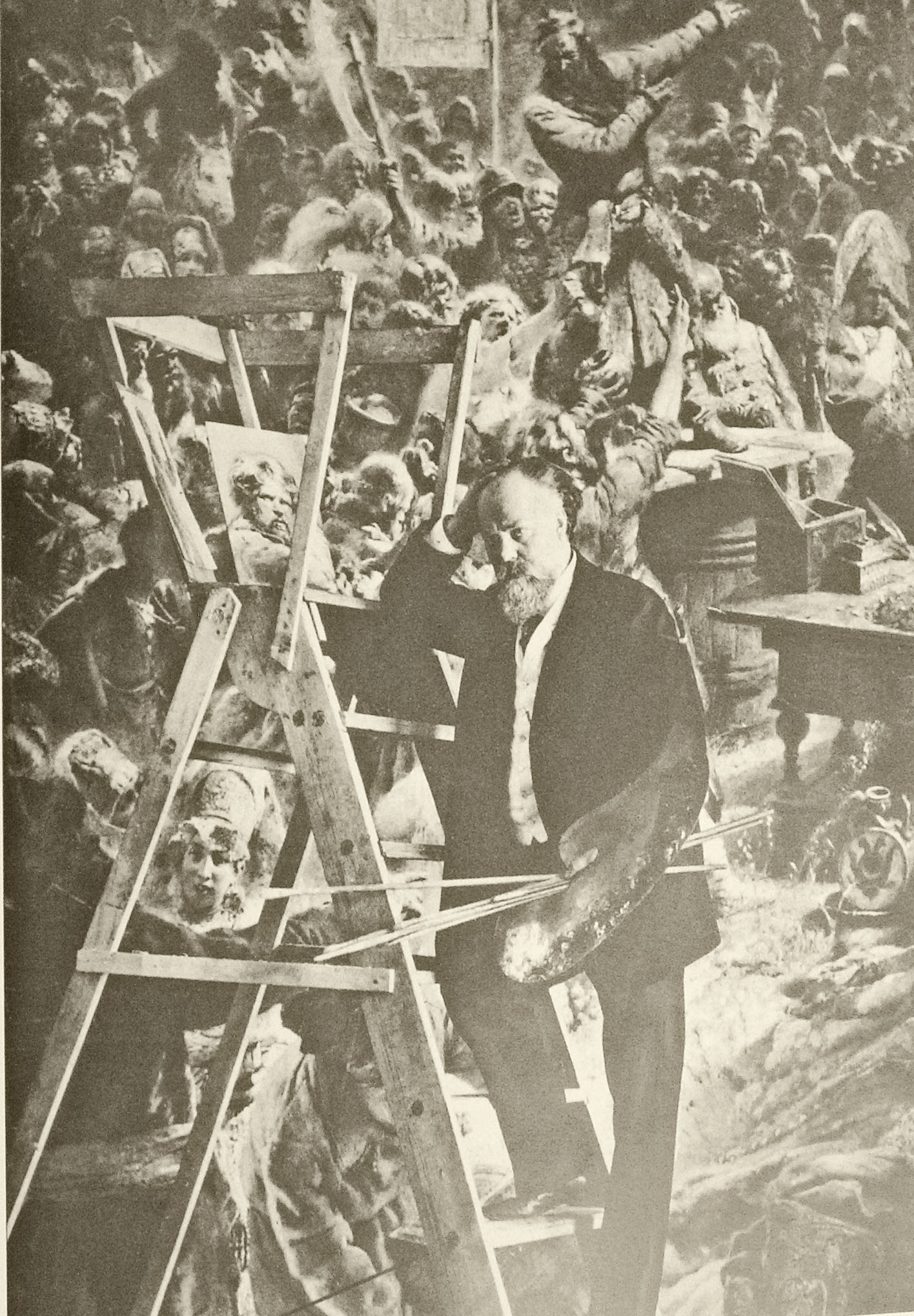 The celebrated painter Makovsky poses while working on the painting " Minin's Appeal ," purchased by a Nizhny Novgorod authority figure for patriotic purposes