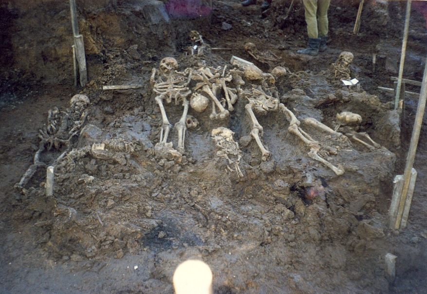 The remains of members of the Peoples of Nizhny Novgorod at the site Location of the Moskva Hotel . "No coffins......they're expensive.....but they were packed in tight.....often w