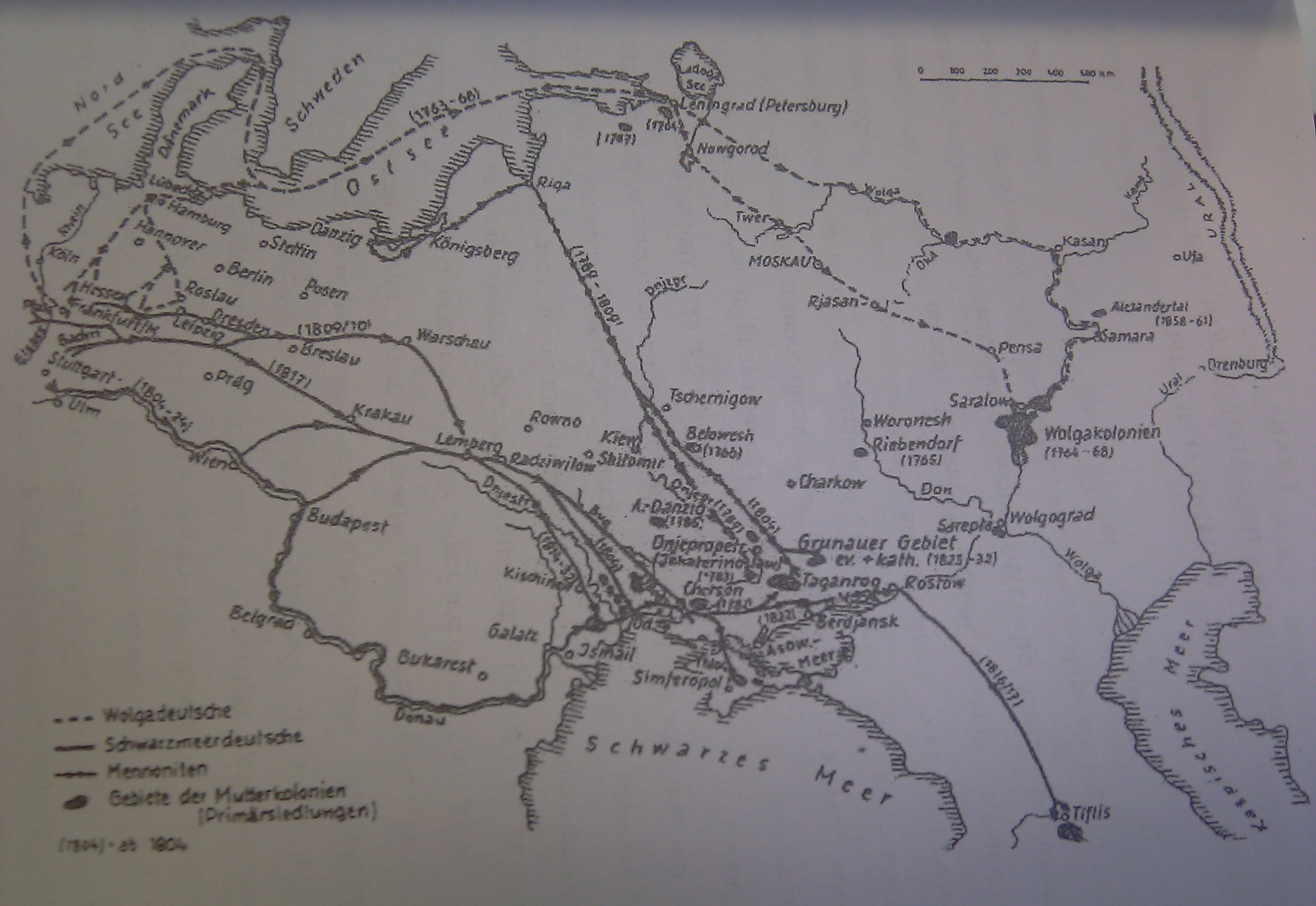 A German map of colonist settlement routes in Russia