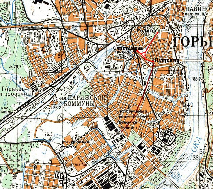 The children's railway on a topographic map. The original version of this map showed only the southwestern portion of the railway section that was dismantled in 1965