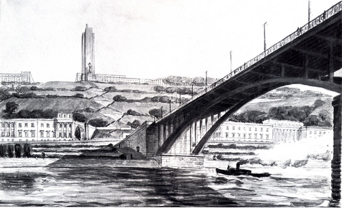 Design for a giant monument to Maxim Gorky on the Otkos . View from the Kanavinsky Bridge