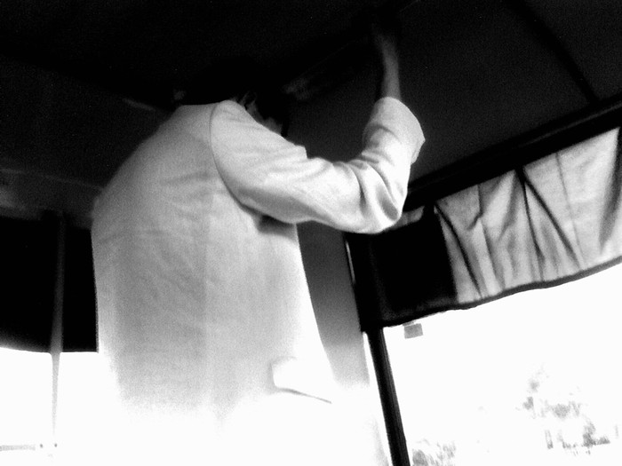 A Nizhny Novgorod resident during a ride in a Minibus)