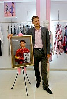 Roman Skudnyakov and a canvas painting depicting him in an old Russian historical context