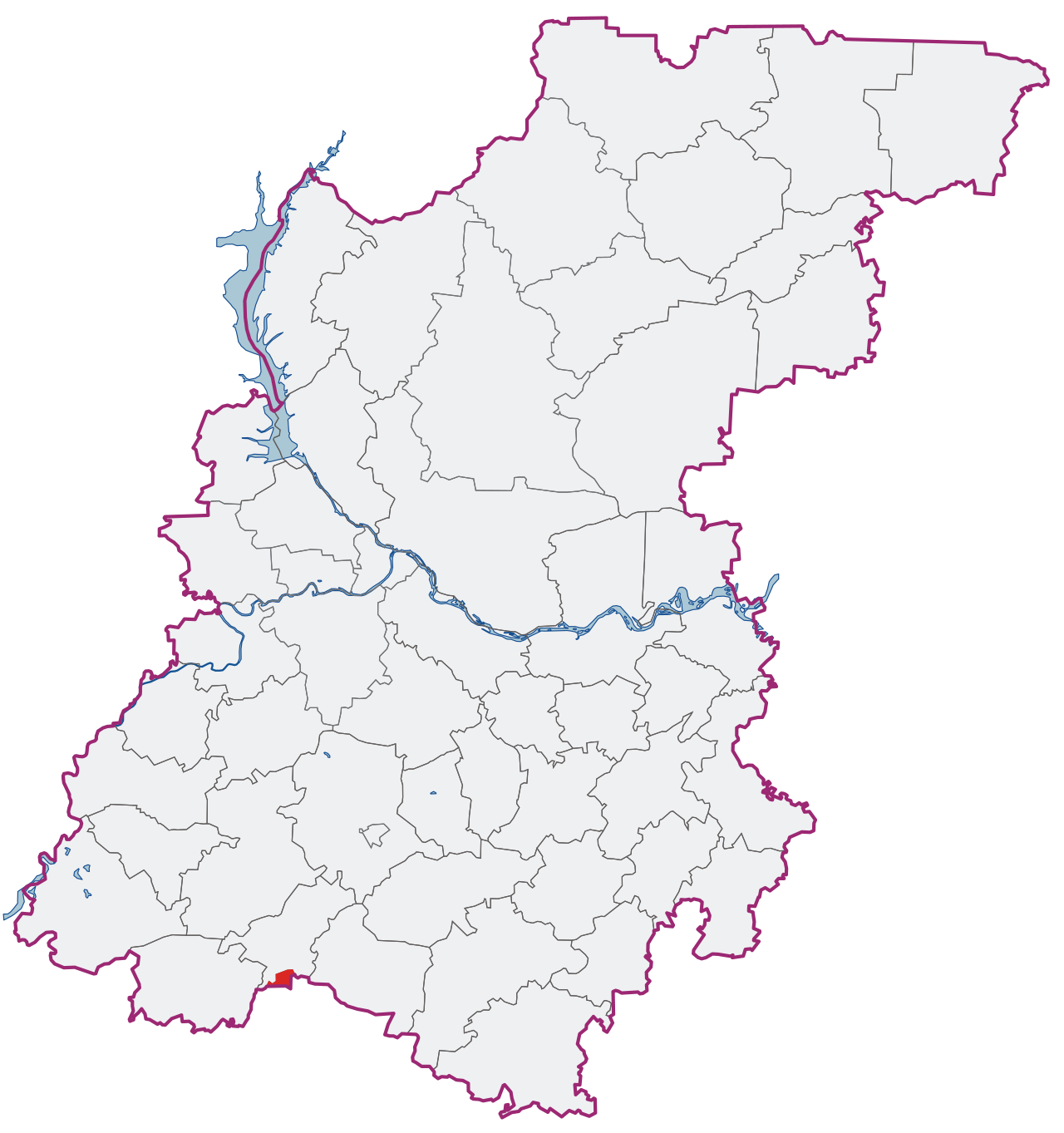 Sarov (in red) in the south of the Nizhny Novgorod Region, on the border with Mordovia