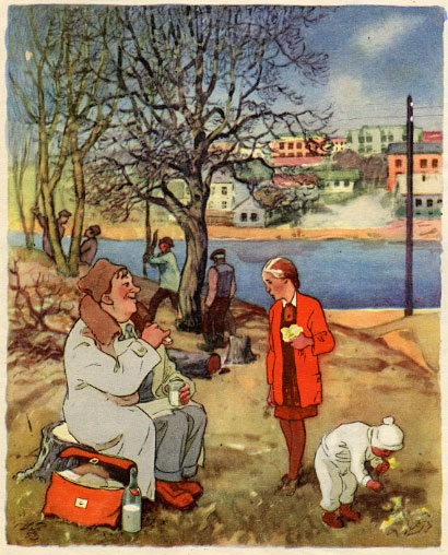 What are you cutting down the grove for? — We're planning to build a park of culture and recreation here! Illus. by K. Yeliseyev. Krokodil, no. 11, 1953