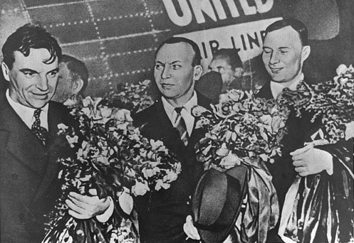 Soviet pilots after their transpolar flight to the United States. V. P. Chkalov, G. F. Baidukov, and A. V. Belyakov. June 20, 1937