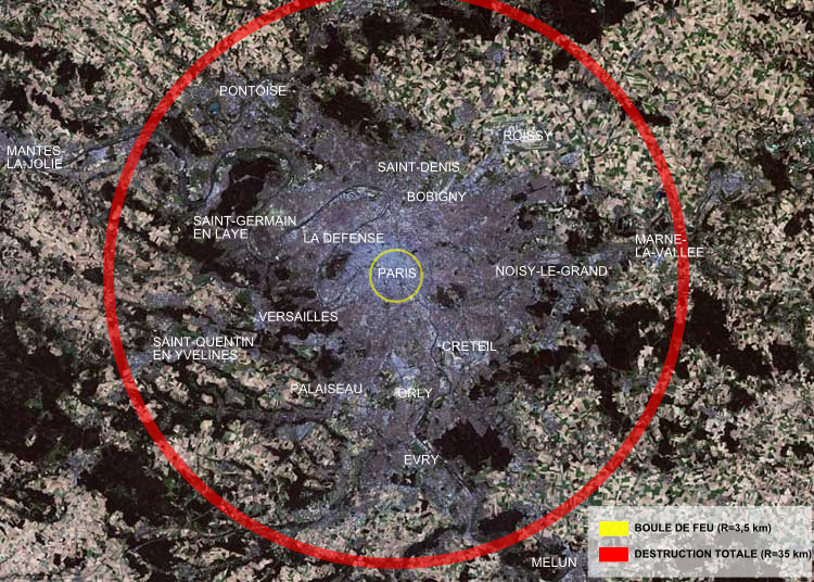 The area of total destruction from the explosion, overlaid for scale on a map of Paris
