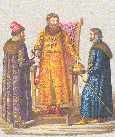In the center — Tsar Alexei Mikhailovich in tsarist regalia, on the left — Prince Mikhail Dolgorukov, on the right — Prince Ivan Mikhailovich Vorotynsky, stolnik (court steward)
