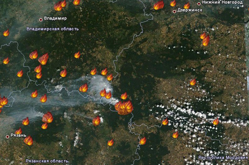 The largest fire in Europe. Map showing the location of the major fire in Vyksunsky District and the Ermishinsky District of Ryazan Region. Terra MODIS image as of 11:00 on July 25