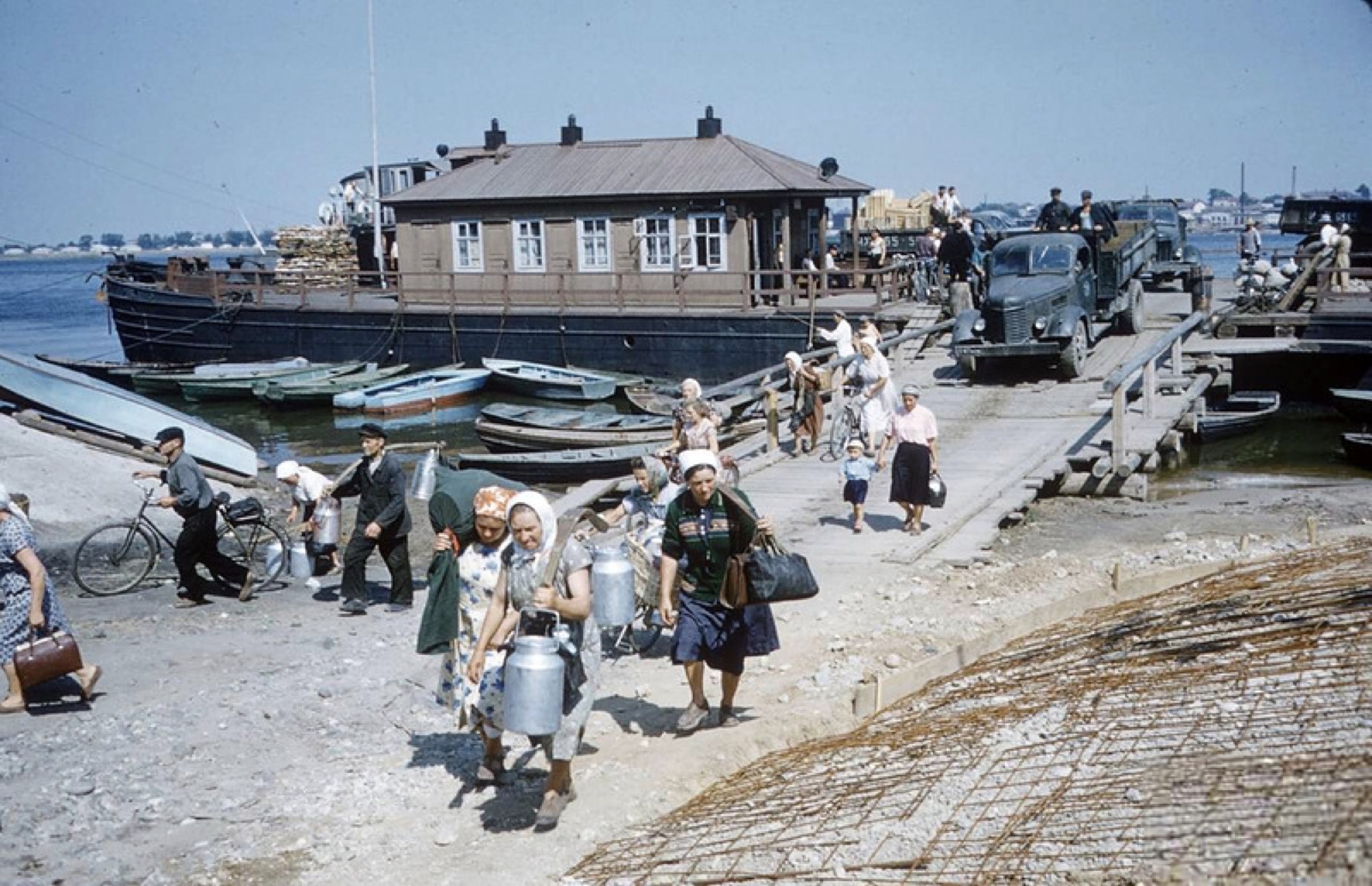 River crossing, landing stage, milk churns, 1950s