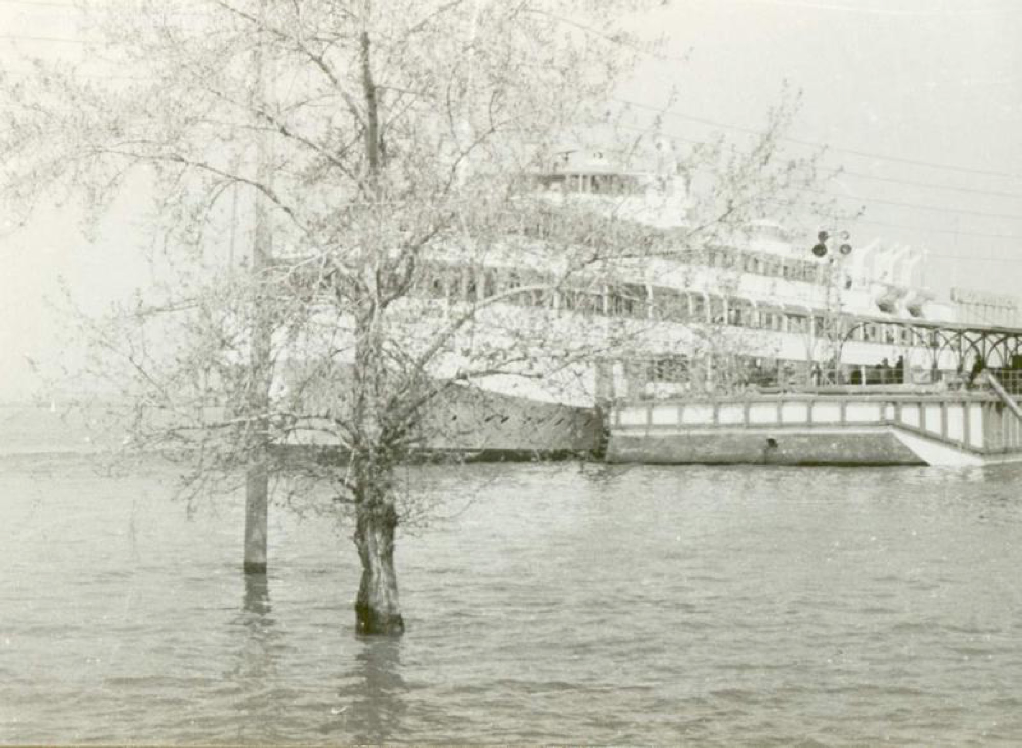 Volga flood, steamship at the pier, 1950s