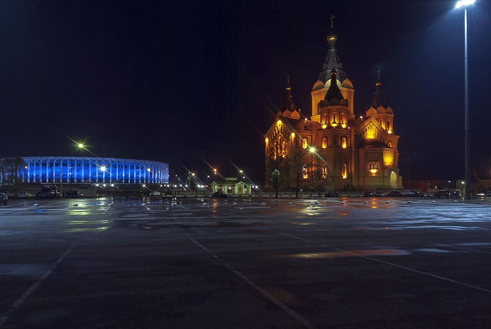The Alexander Nevsky Cathedral on the Strelka in Nizhny Novgorod, with the city's stadium behind