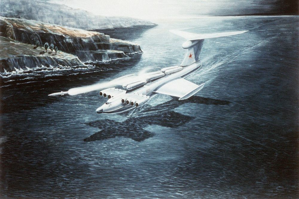 A Soviet wing-in-ground-effect craft as imagined by a US Defense Intelligence Agency artist for the 1988 report Soviet Military Power