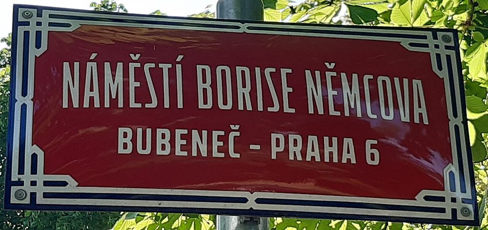 Street sign of Boris Nemtsov Square (náměstí Borise Němcova) in Prague 6, renamed in 2020