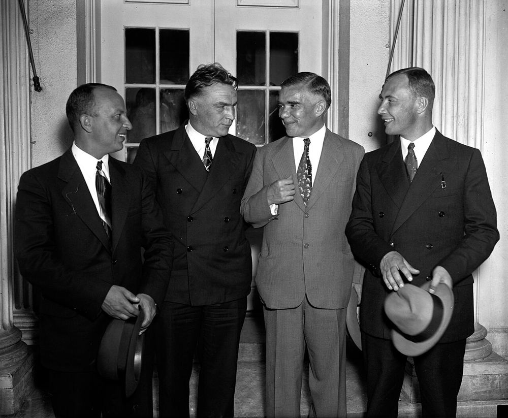 Georgy Baidukov, Valery Chkalov, Ambassador Alexander Troyanovsky and Alexander Belyakov leaving the White House after being received by President Franklin D. Roosevelt, 28 June 1937