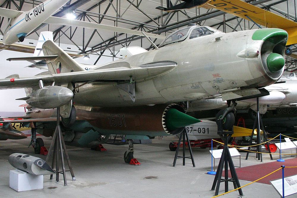 A MiG-17PF, the radar-equipped all-weather version built in Gorky in 1954–1955; this aircraft is at the Kbely aviation museum in Prague