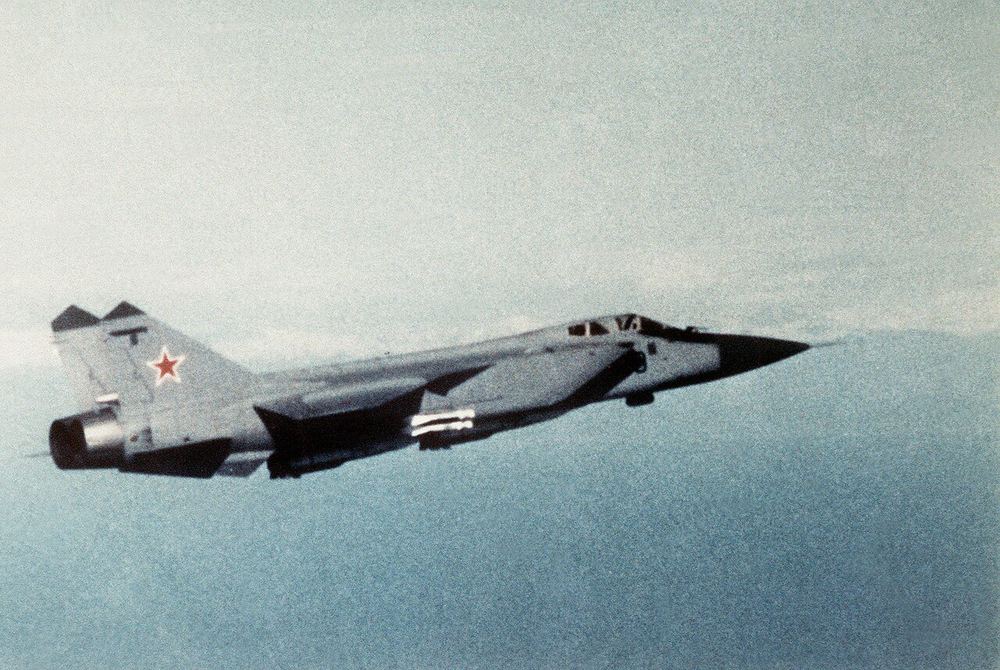 A Soviet MiG-31 in flight, photographed by the US military in August 1988
