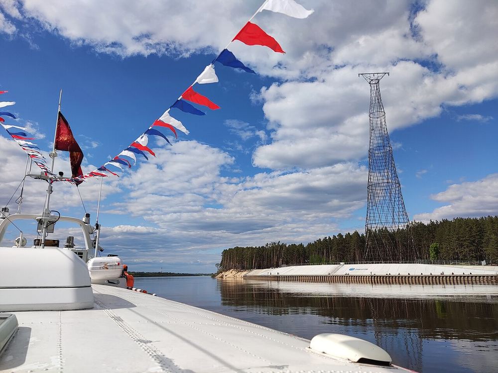 The surviving Shukhov tower on the Oka, seen from the river, 2023