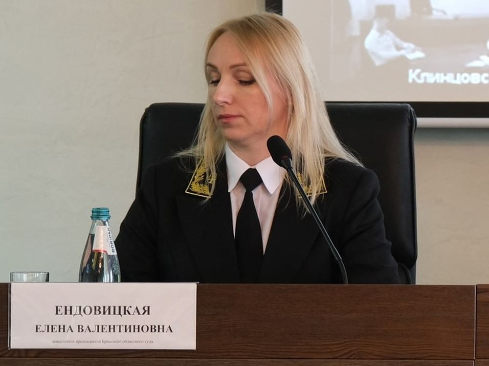 Елена Ендовицкая на рабочем заседании Брянского областного суда: перед ней именная табличка «Ендовицкая Елена Валентиновна, заместитель председателя Брянского областного суда», на экране — видеосвязь с Клинцовским городским судом