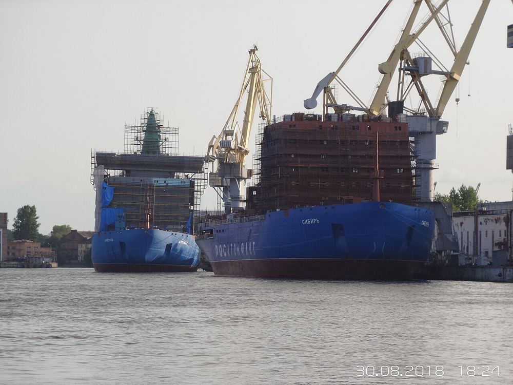 The RITM-200-powered icebreakers Arktika and Sibir fitting out at the Baltic Shipyard in St Petersburg, 2018