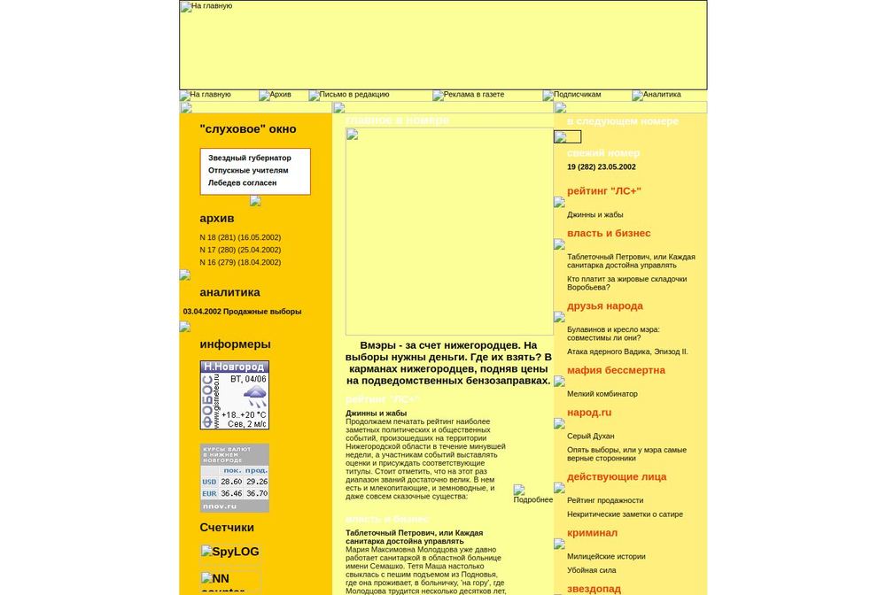 Главная страница lsplus.ru 24 мая 2002 года: «слуховое окно», архив номеров и рейтинг «ЛС+» под названием «Джинны и жабы»