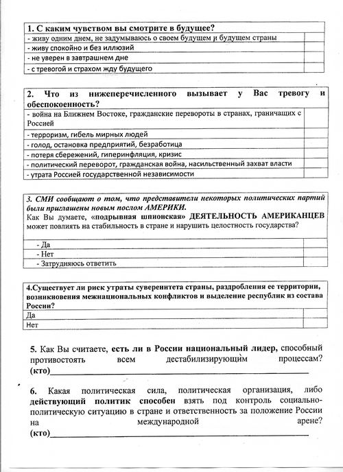 Как вы относитесь к послу АМЕРИКИ и подрывной деятельности американцев? Анкета, распространяемая в школах. Нижний Новгород , февраль 2012 г