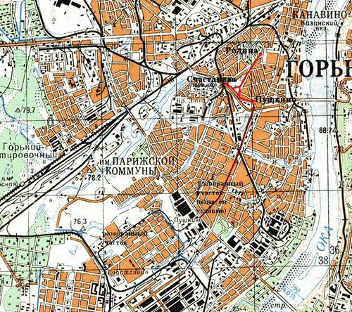 Детская железная дорога на топографической карте. В оригинальном варианте данной карты была показана только юго-западная часть участка железной дороги, разобранного в 1965 году