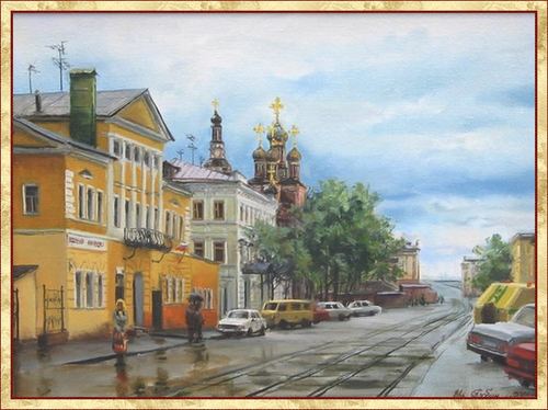 Artist E. Bobin. " Nizhny Novgorod . Rozhdestvenskaya Street," 2001. 30×40 cm, oil on canvas