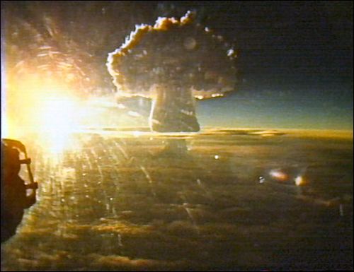 The Tsar Bomba mushroom cloud seen from an observation aircraft