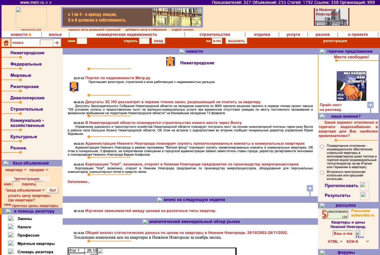 Главная страница metr.ru в 2003 году
